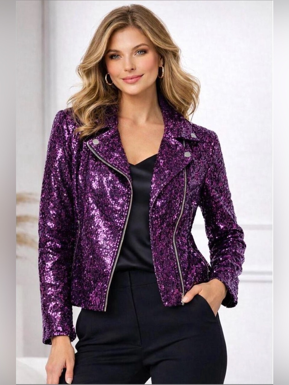 NWT COLLEEN LOPEZ HSN purple Luxe Sequin Side Zipper 2-Way Moto Jacket Sz L